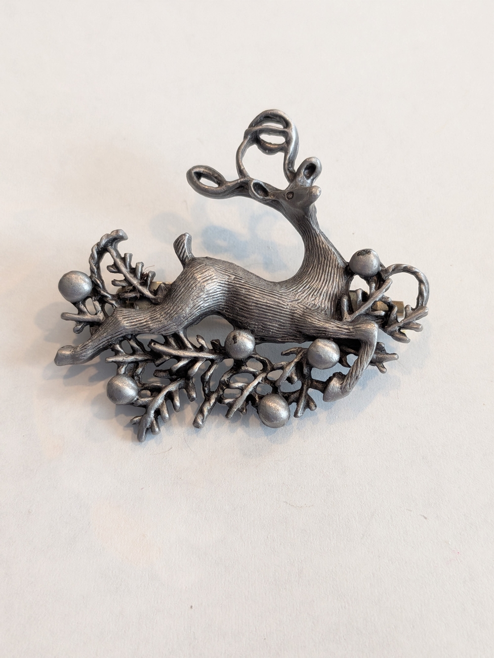 Vintage Silver-Tone Reindeer Brooch with Berry & Pine Motif
